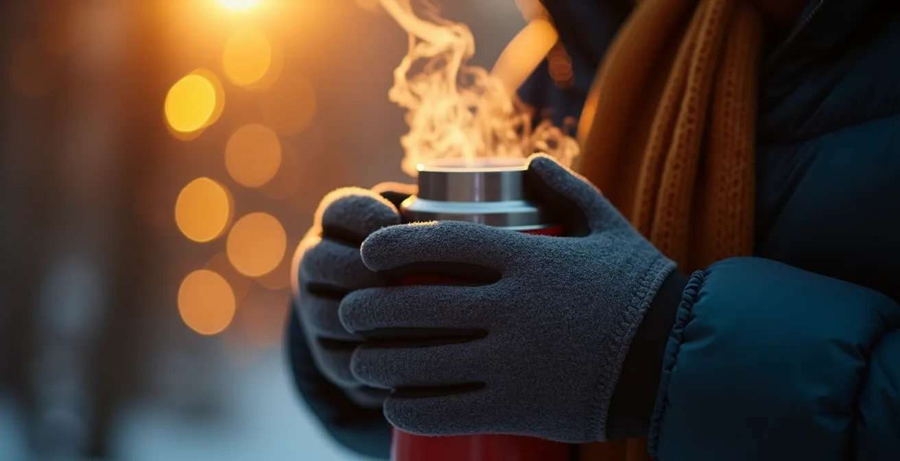 Mains enveloppées autour d'un thermos fumant dans l'ambiance hivernale