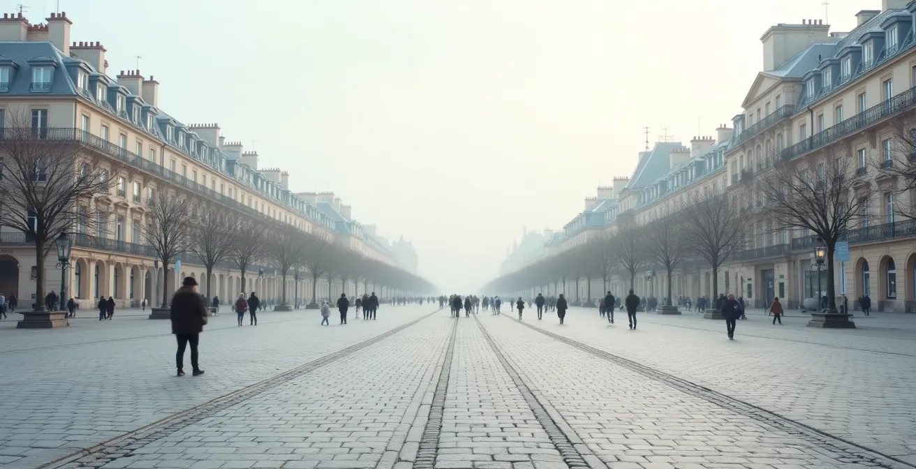 Vue large d'un espace urbain épuré avec piétons en perspective