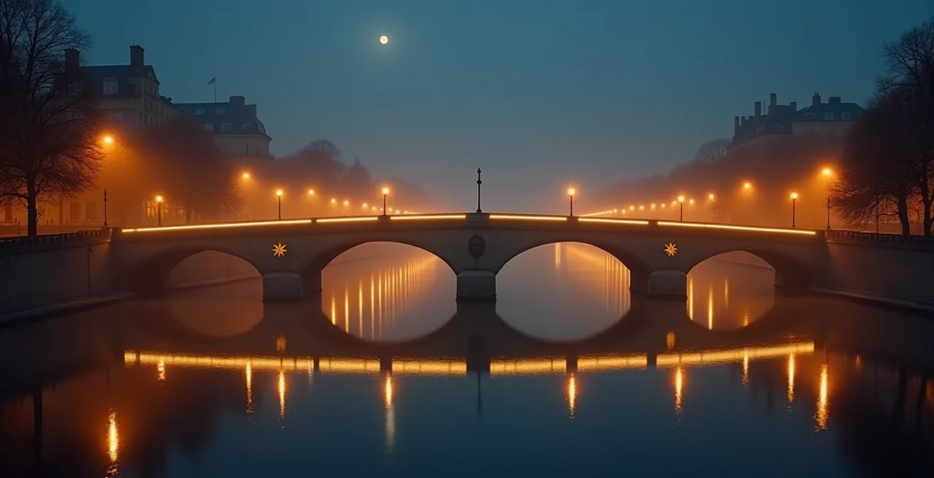 Pont parisien illuminé avec reflets dorés sur la Seine