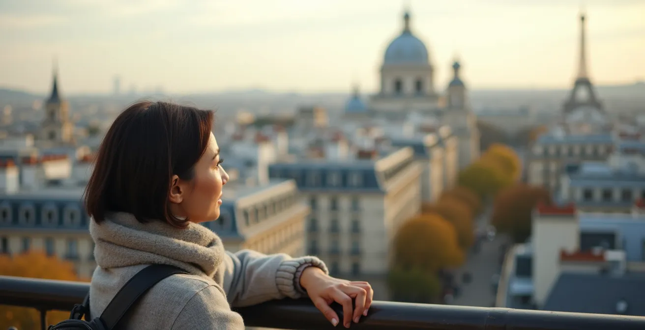 Touriste observant Paris depuis une position surélevée avec expression d'émerveillement