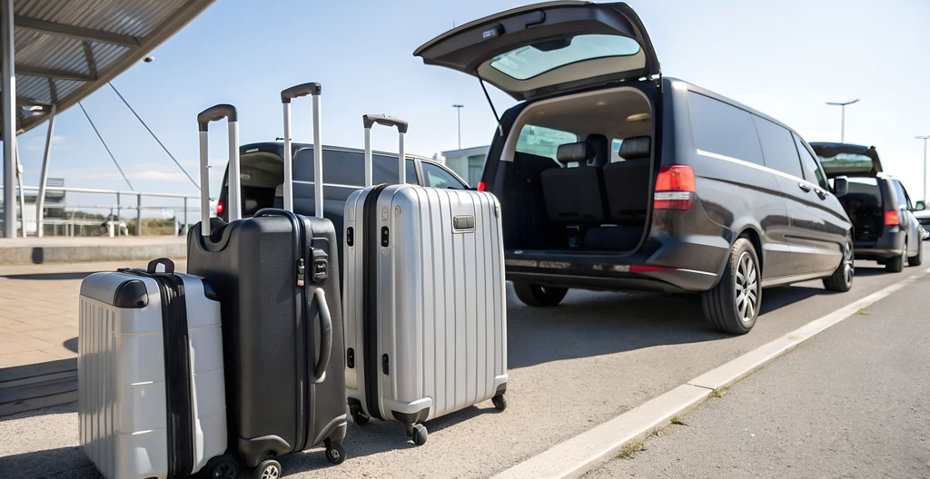 Famille descendant d'une navette climatisée avec bagages devant un terminal de Roissy CDG