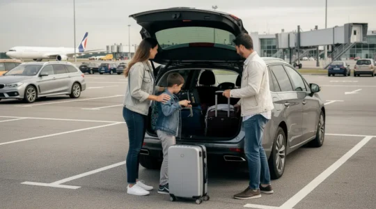Famille chargeant ses valises dans le coffre au parking aéroport Roissy CDG