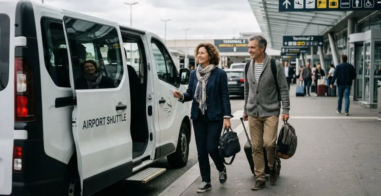 Famille descendant d'une navette climatisée avec bagages devant un terminal de Roissy CDG