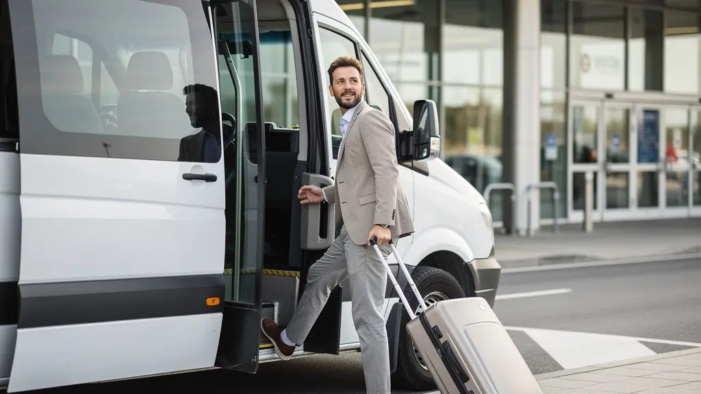 Passager descendant de la navette parking avec sa valise au terminal Roissy