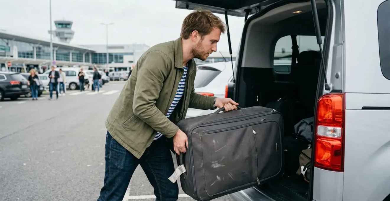 Voyageur chargeant sa valise dans une navette parking longue durée près de Roissy CDG