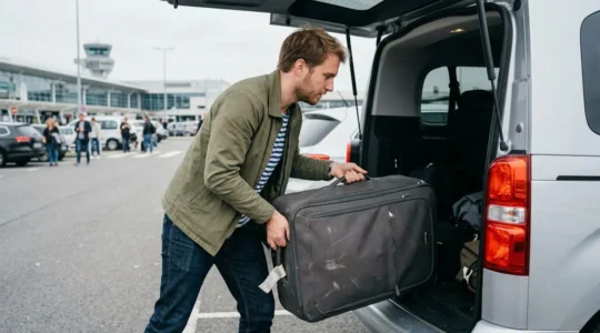 Voyageur chargeant sa valise dans une navette parking longue durée près de Roissy CDG