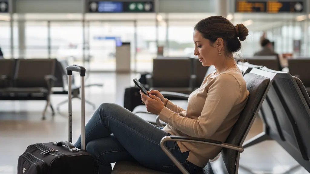 Voyageuse consultant son téléphone pour réserver un parking Roissy